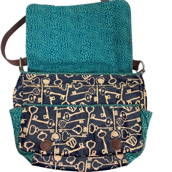Fossil Key Per Coated Canvas Messenger Bag Blue Key Print Adjustable Strap - Picture 4 of 16